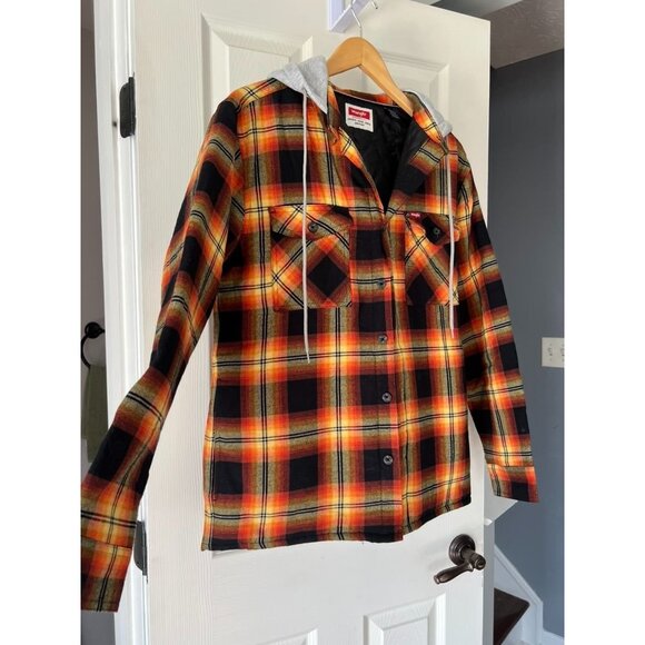Wrangler Hooded Flannel Jacket Small Plaid Quilted Lined Shacket Orange Black - Picture 1 of 7